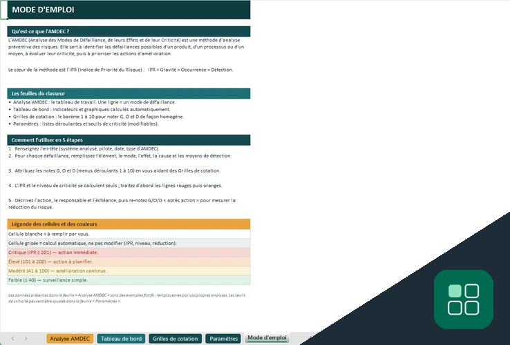 AMDEC Excel avec mode d’emploi, étapes de saisie et niveaux de criticité