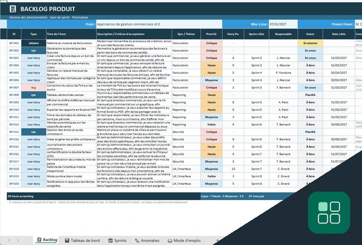 Backlog templete in Excel avec liste détaillée des éléments du backlog produit