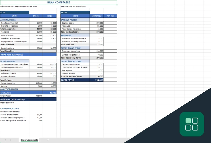 Bilan comptable Excel avec tableaux actif passif et ratios financiers
