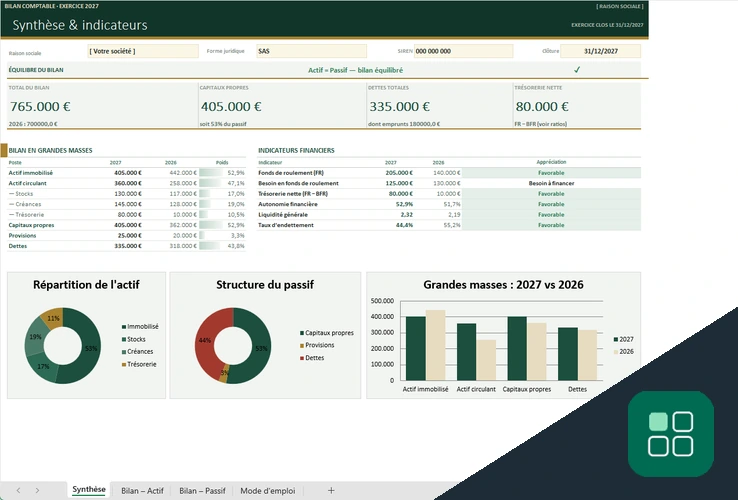 Bilan comptable vierge Excel avec synthèse et indicateurs financiers