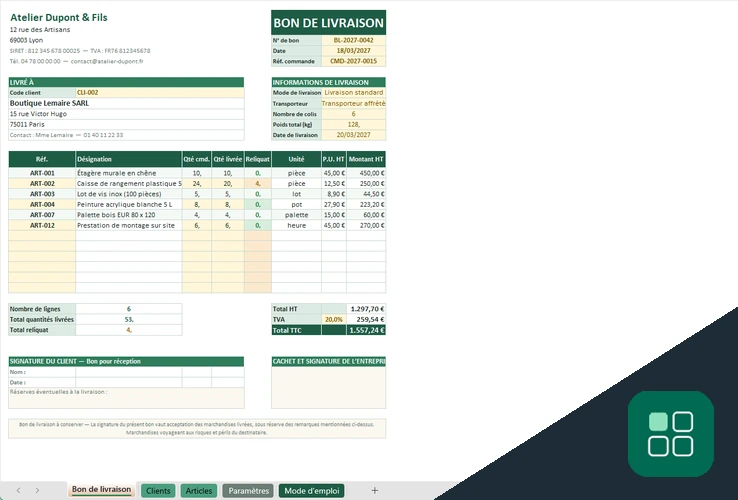Bon de livraison Excel avec produits, quantités livrées, reliquat et signatures