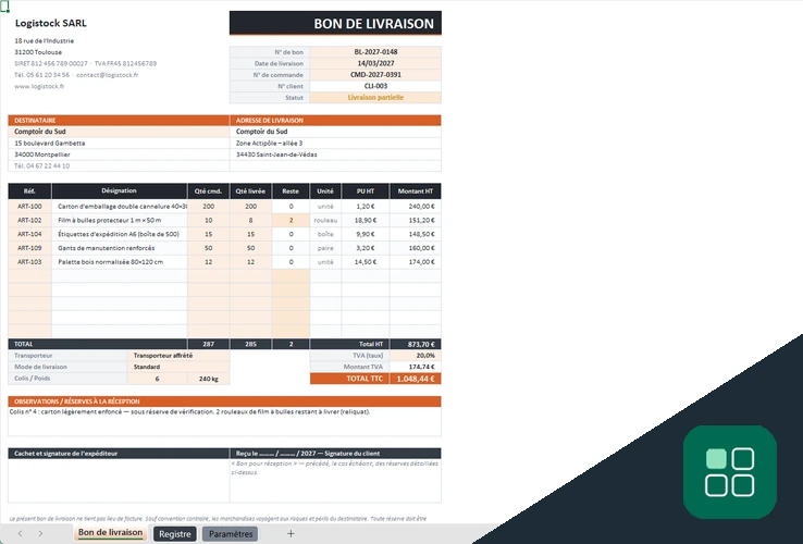 Bon de livraison exemple avec quantités, reste, transporteur et signatures