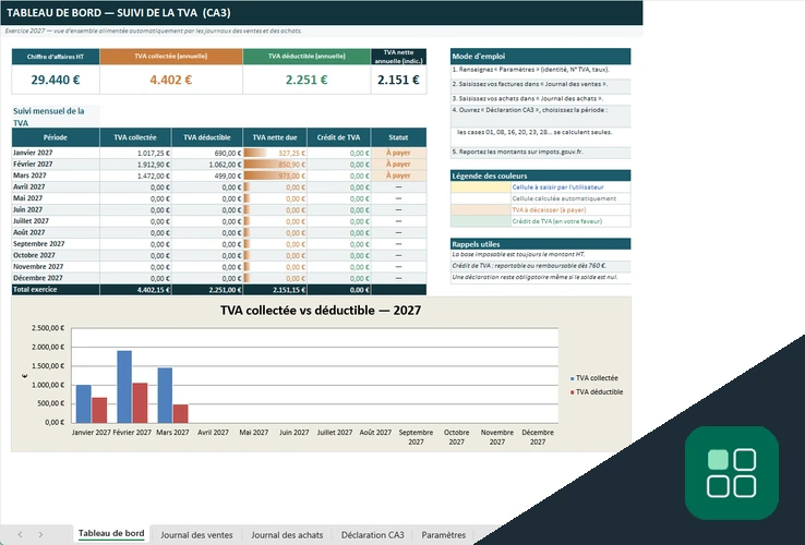 CA3 Excel avec tableau de bord mensuel de suivi de la TVA