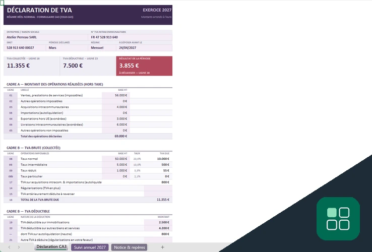 Formulaire CA3 remplissable Excel pour déclaration de TVA