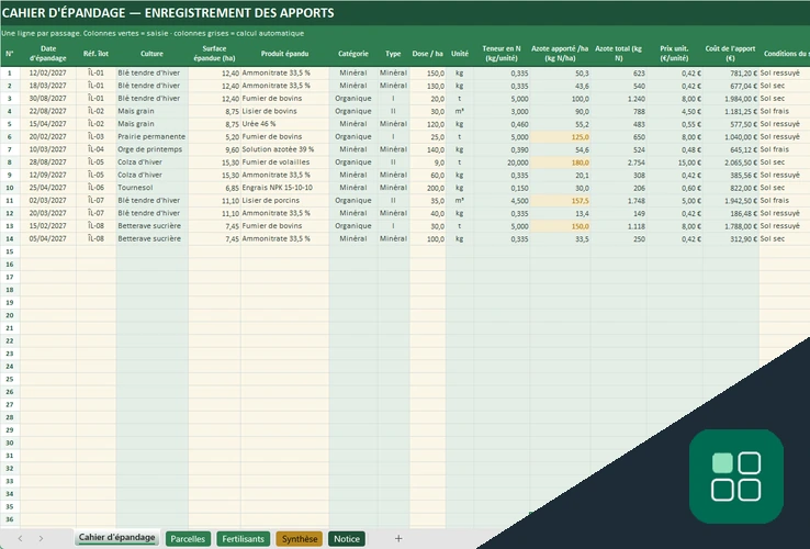 Cahier d'épandage Excel avec registre détaillé des apports par parcelle