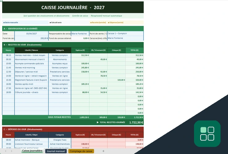 Caisse journalière Excel avec recettes, dépenses et modes de règlement