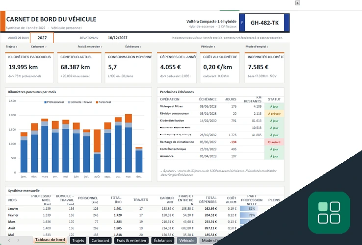 Carnet de bord véhicule Excel template avec tableau de bord des trajets et échéances
