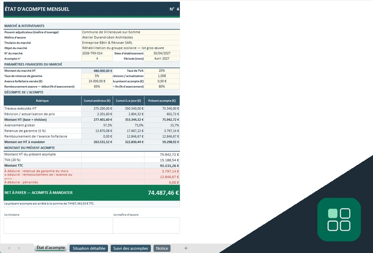 État d'acompte marché public Excel gratuit avec décompte mensuel et net à payer