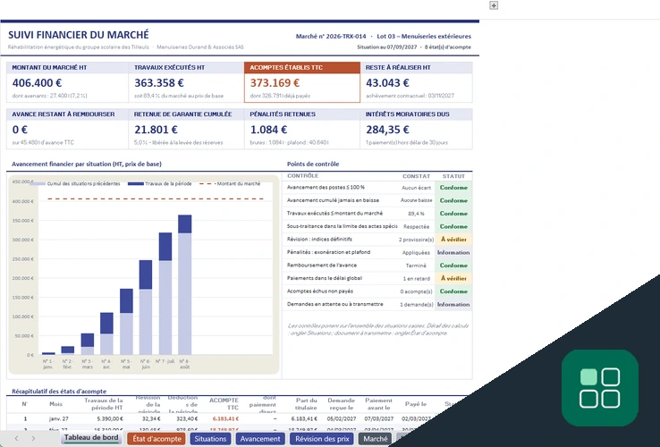 État d'acompte marché public modèle Excel avec tableau de bord financier et suivi de l’avancement