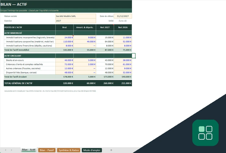 Bilan comptable Excel avec détail de l’actif immobilisé et circulant