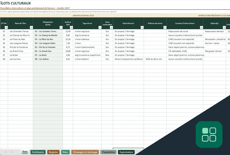 Excel cahier d'épandage avec registre des îlots culturaux et caractéristiques des parcelles