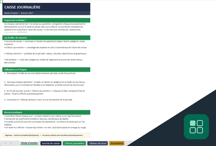 Excel caisse journalière avec mode d’emploi et étapes de saisie