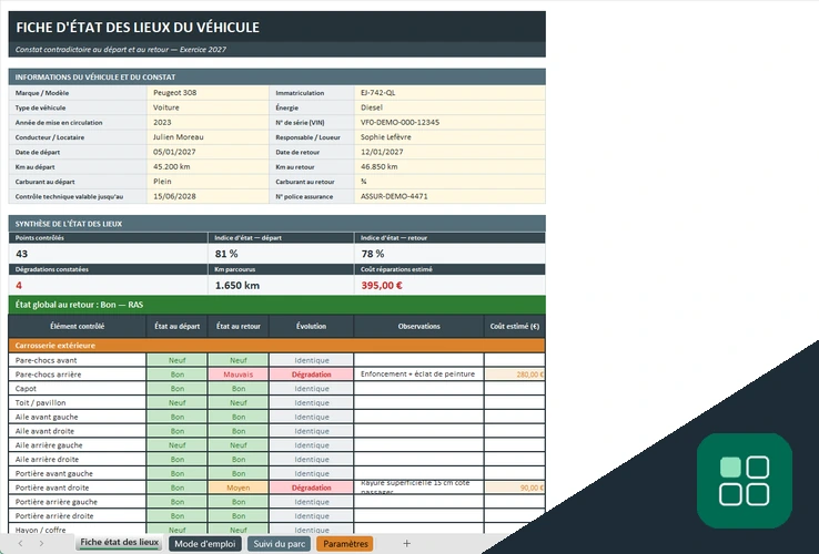 Excel modèle fiche état véhicule gratuit avec état global et dégradations constatées