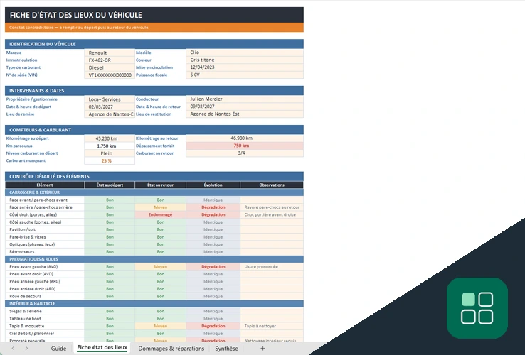 Excel modèle fiche état véhicule avec contrôle détaillé et comparaison départ retour