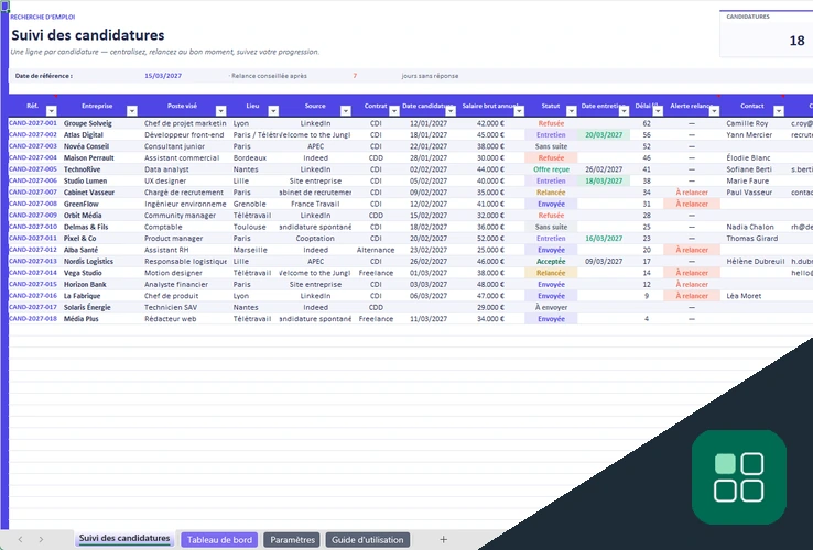 Excel suivi candidature avec postes, sources, salaires, statuts et alertes de relance