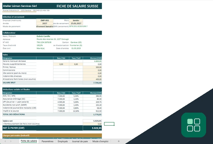Exemple de fiche de salaire suisse avec collaborateur, gains et déductions sociales