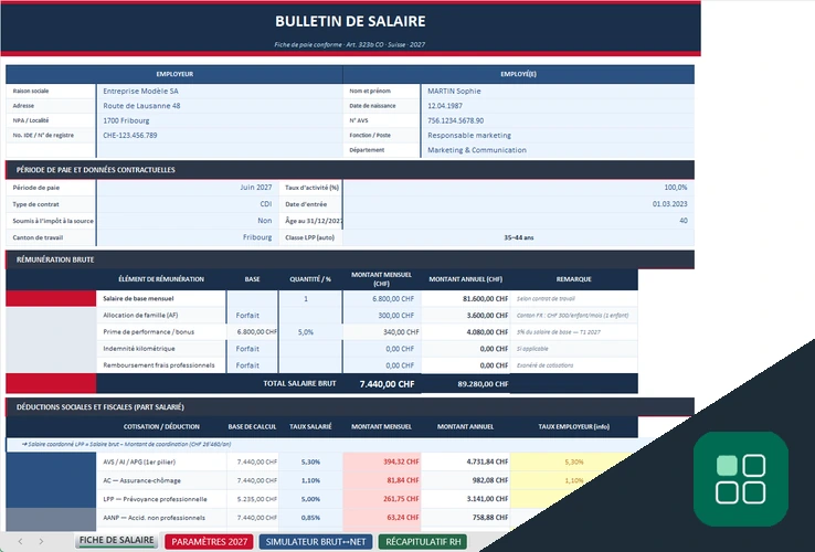 Exemple de fiche de salaire suisse Excel avec rémunération brute et déductions sociales