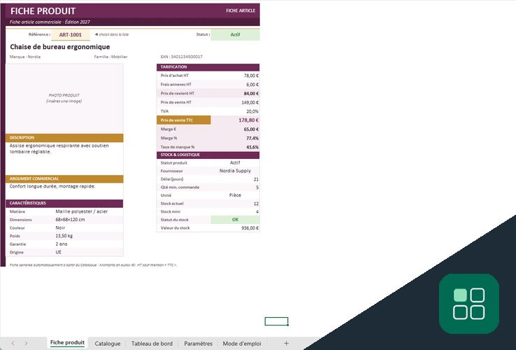 Exemple fiche produit Excel avec zone photo, caractéristiques et informations commerciales