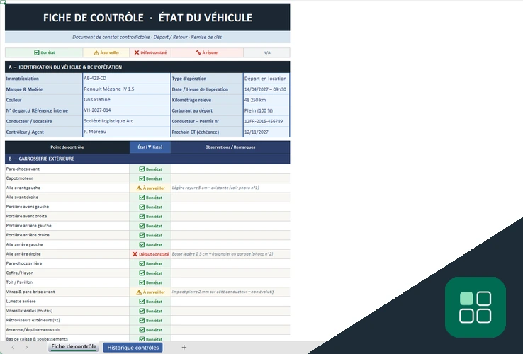 Fiche contrôle état véhicule Excel gratuit pour inspection au départ et au retour