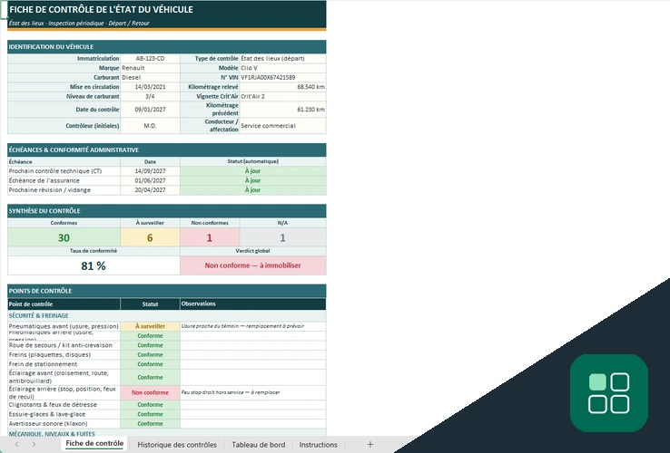 Fiche contrôle état véhicule Excel template avec échéances et synthèse de conformité