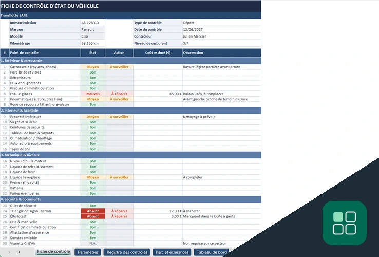 Fiche de contrôle état véhicule Excel avec points de contrôle, actions et coûts estimés