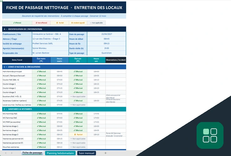 Fiche de passage nettoyage sanitaire Excel avec suivi matin soir et observations