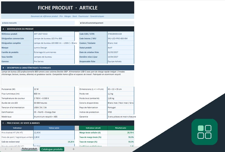 Fiche produit exemple Excel gratuit avec caractéristiques techniques et analyse des prix