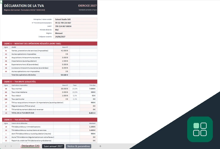 Formulaire CA3 remplissable Excel avec tableaux de TVA collectée et déductible