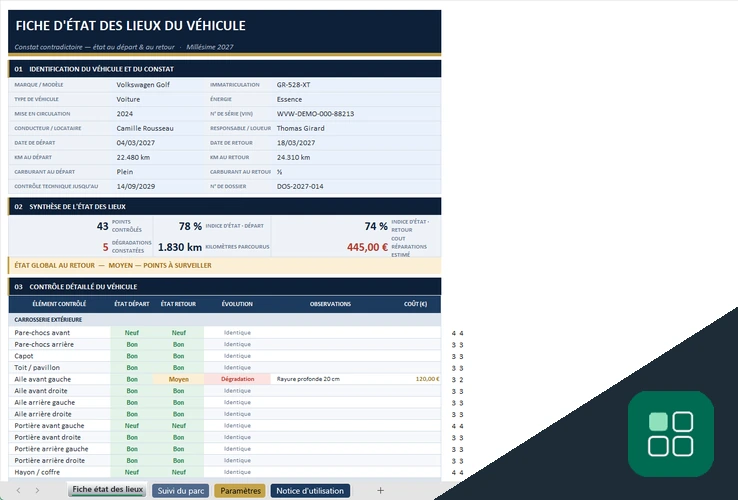 Modèle de fiche état véhicule gratuit Excel avec comparaison entre départ et retour