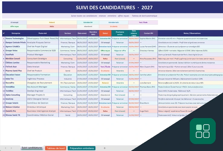 Tableau de suivi candidature Excel gratuit avec statuts, relances et entretiens