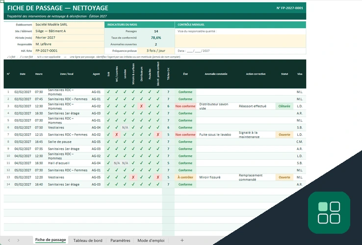 Toilettes fiche de passage nettoyage sanitaire Excel avec indicateurs mensuels et suivi des anomalies